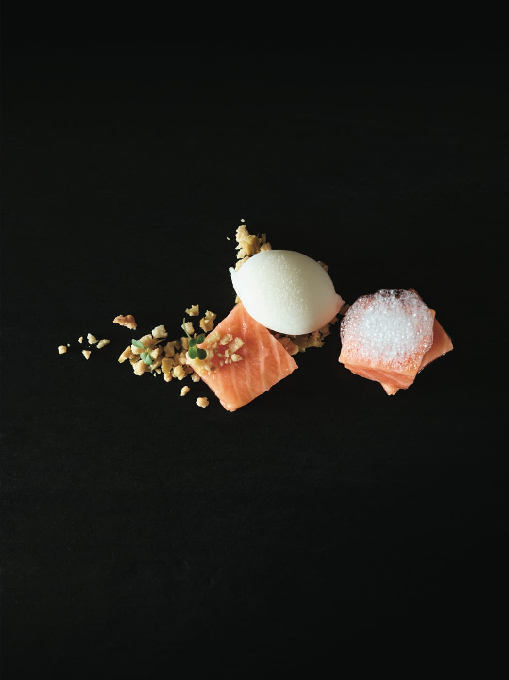 Finto salmone affumicato, crumble alle olive, aria di mezcal e gelato allo yogurt