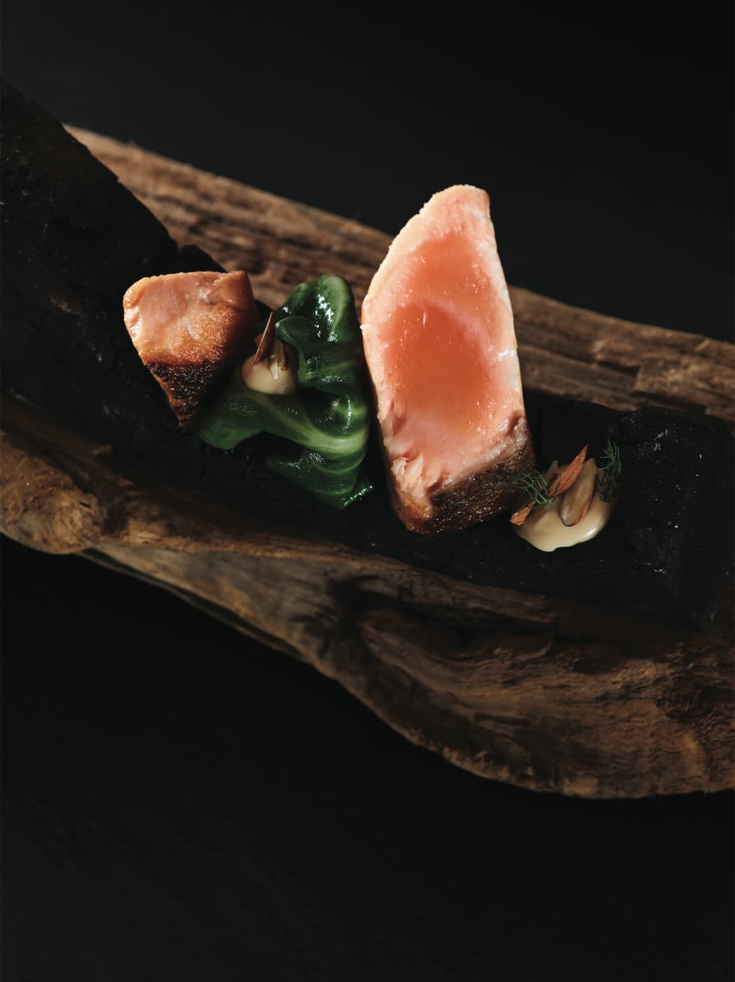 Salmone Upstream ai carboni, maionese di mandorle e lattuga tostata